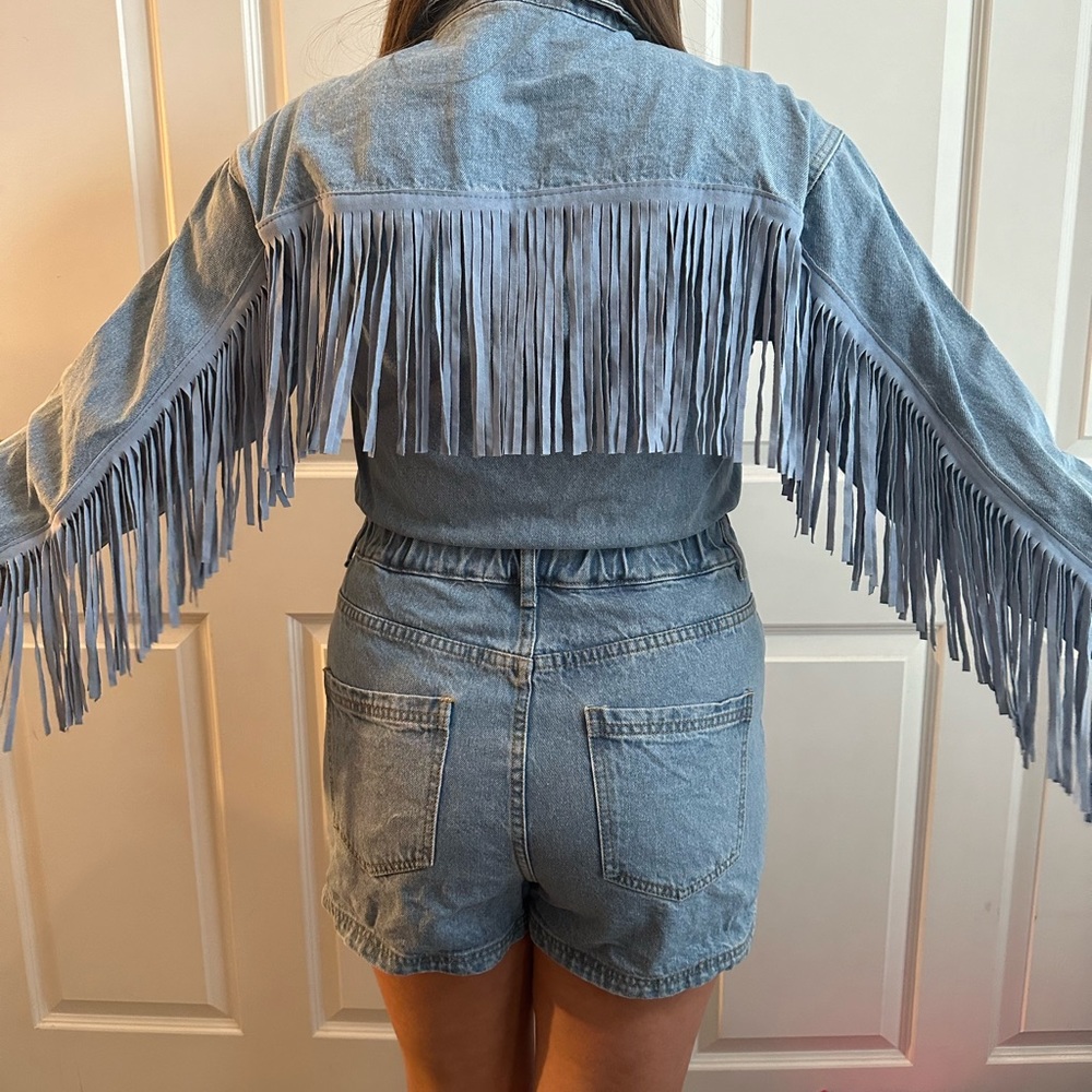 Long Sleeve Fringe Denim Romper
